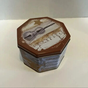 Music Theme Octagon Shaped Tin Canister With Lid Violin Gifting Christmas